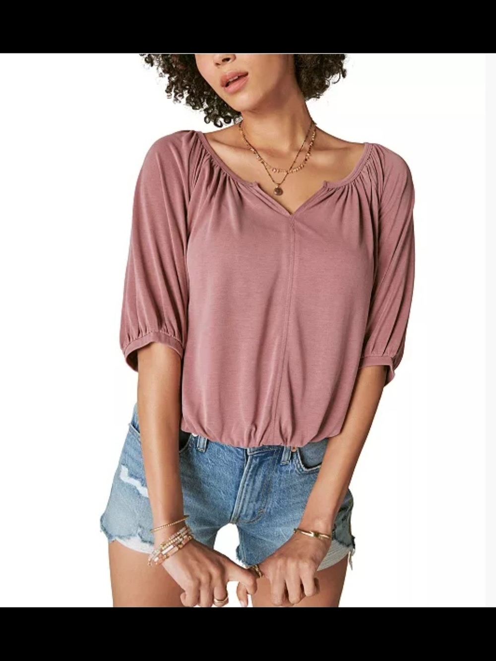 Lucky Brand Rose Pink Women's V-Neck Gathered Hem Top